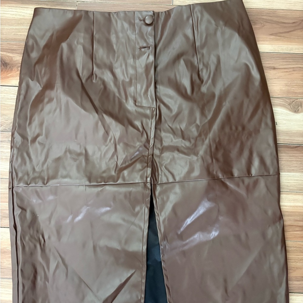 SHEIN Brown Faux Leather High-Waist Pencil Skirt with Front Slit